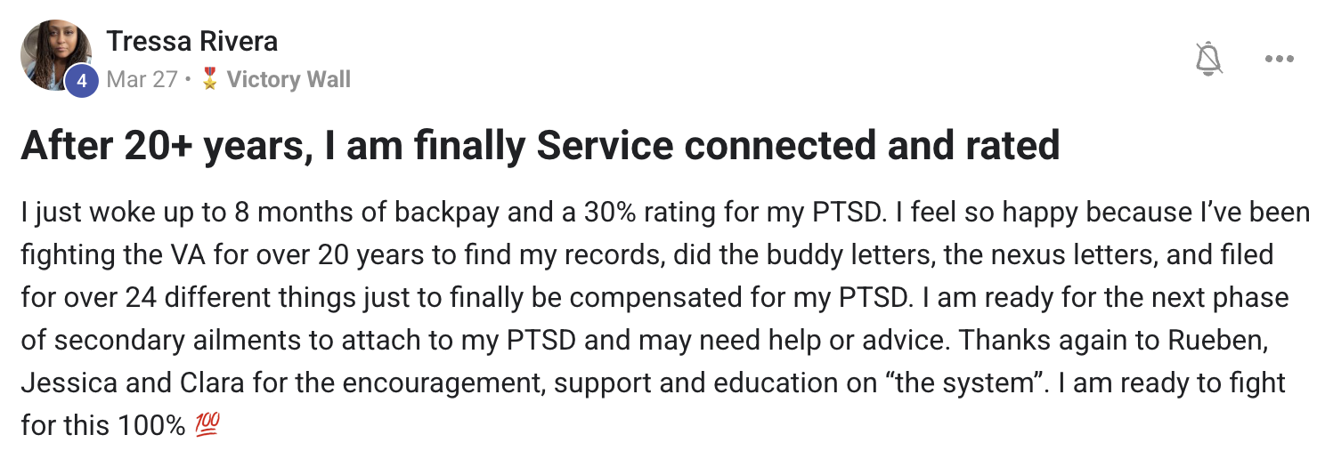 Tressa Rivera: after 20+ years, service connected and rated for PTSD with 8 months of backpay