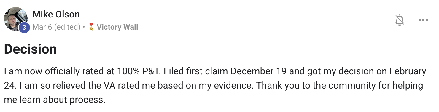 Mike Olson: officially rated 100% P&T, filed December 19, decision February 24