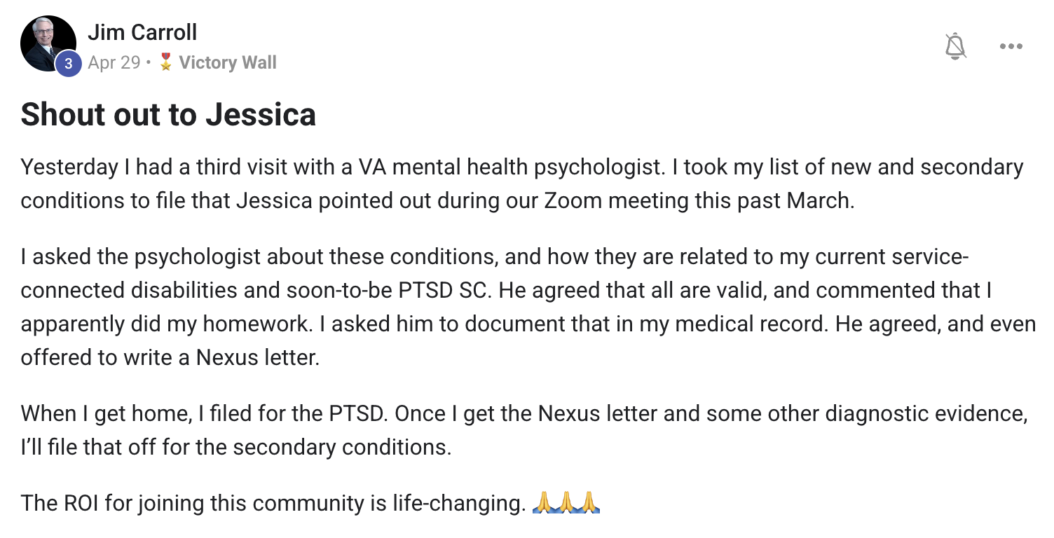 Jim Carroll: shout out to Jessica, secondary conditions and nexus letter